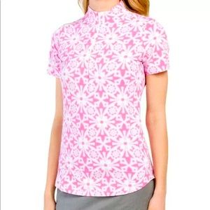 IBKUL Moroccan Pink Short Sleeve Mock Neck Top Preppy Golf Tennis PickleBall New